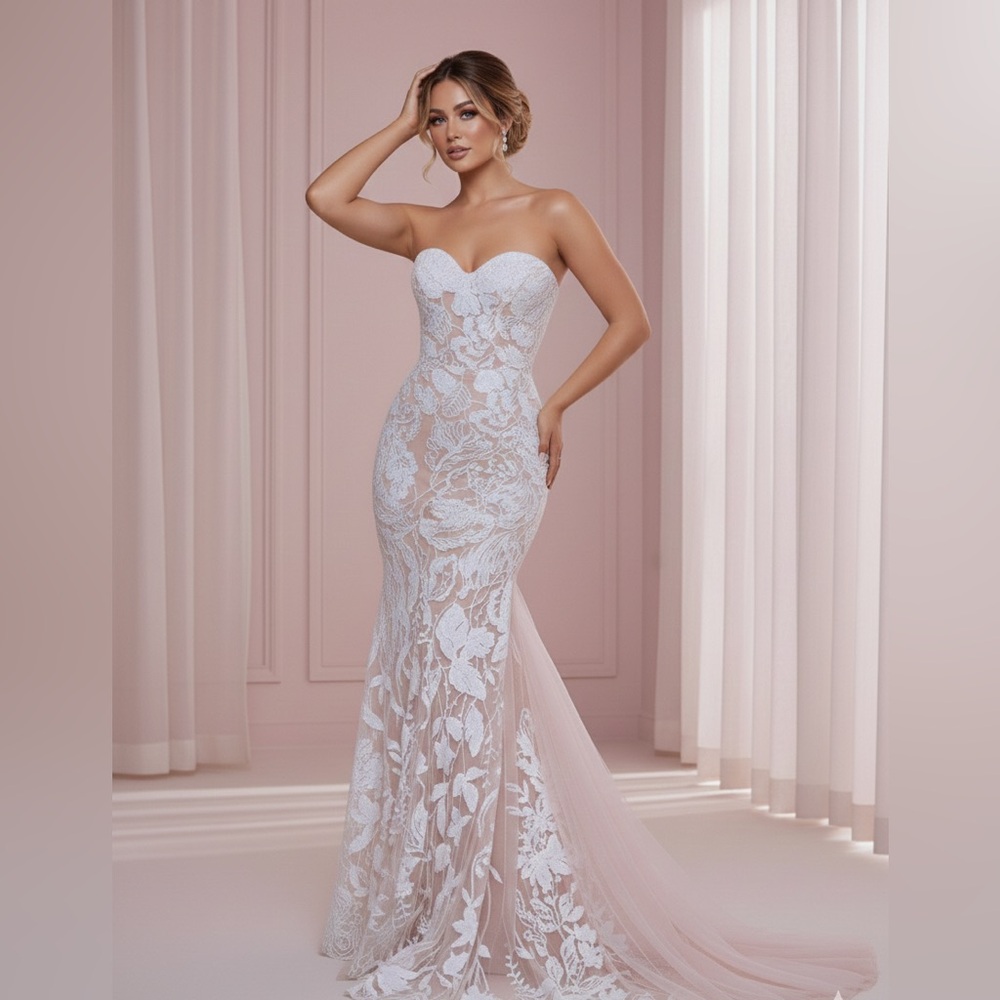 Elegant White Wedding Lace Strapless Gown